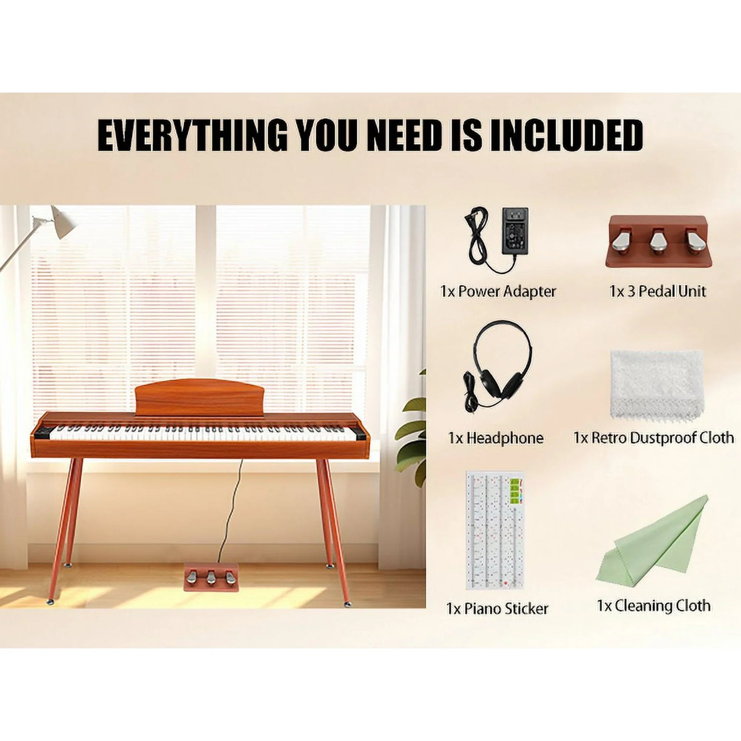 Ktaxon 88 Key Keyboard Piano Weighted Action Electronic Keyboard, Digital Piano with 3-Pedal Unit, Removable Music Stand, Stereo Headphone, Retro Dustproof Cloth and MIDI Connection