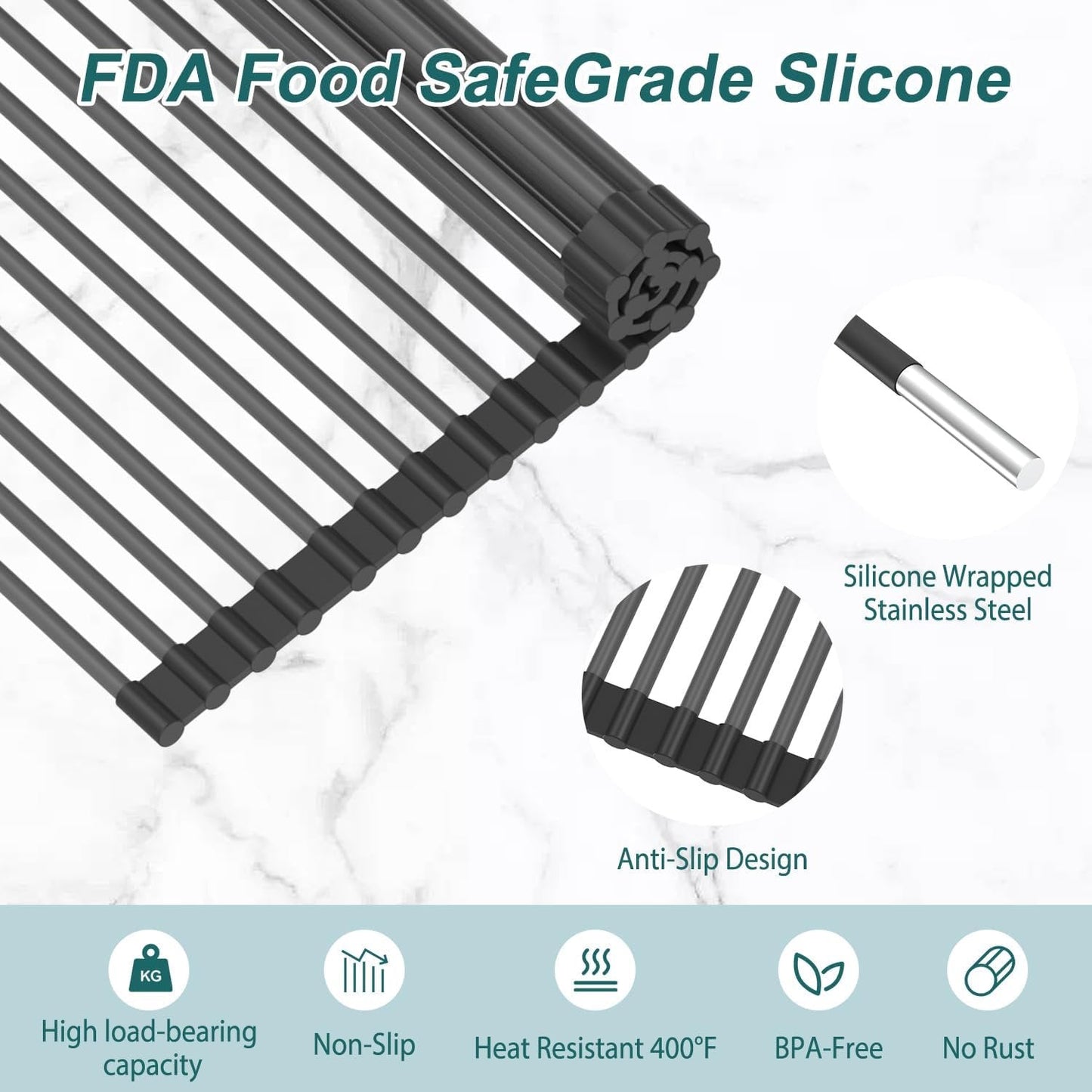 Over Sink Foldable Multipurpose Roll-Up Dish Drying Rack, Silicone Wrapped Stainless Steel 19.6''x 15.7''