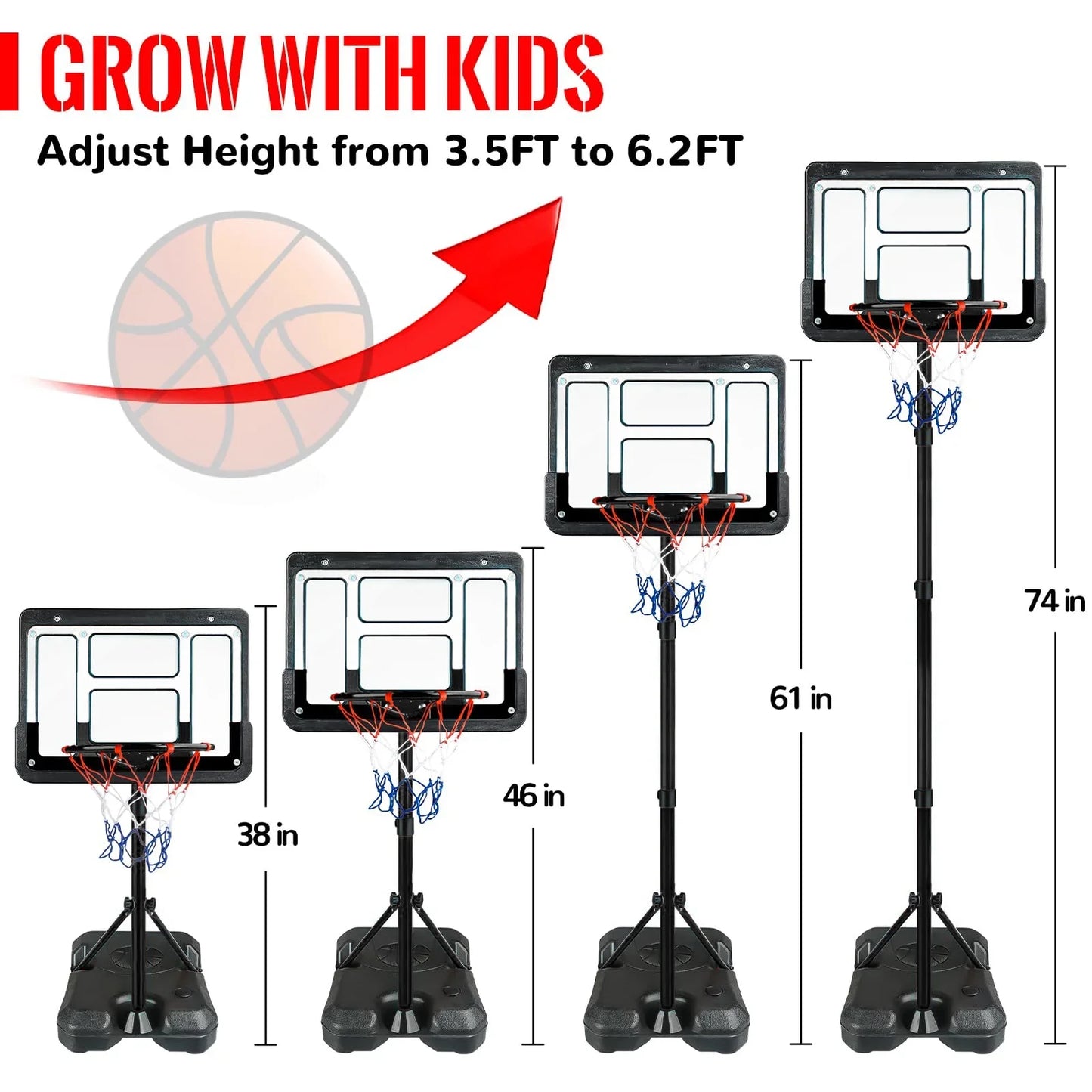 JUGAAD LIFE Kids Basketball Hoop with Stand Adjustable Height 3.5 ft-6.2 ft Indoor & Outdoor Portable Mini Toddler Basketball Goal with Ball Pump for Kids Teenagers