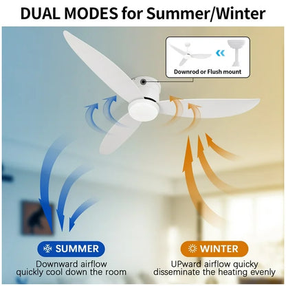 WOZZIO 52'' White Ceiling Fan with Light and Remote Control, 2 Options Installations, 3 ABS Fan Blades, Home