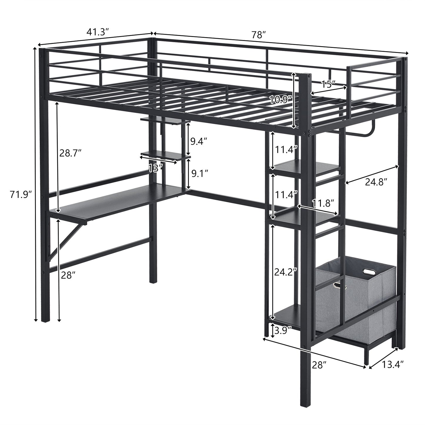 Zimtown Twin Loft Bed with Desk for Kids Teens, Metal Bunk Bed with 4 Storage Shelves/Stairs/Guardrails, Kids Loft Bed for Bedroom, Black