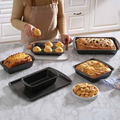 LIMICAR 6 Piece Nonstick Bakeware Sets, Stackable Bake Set Easy for Release and Clean up, Carbon Steel, Gold