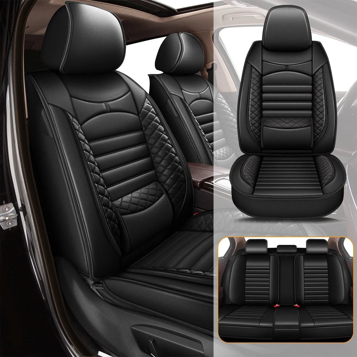 AOMSAZTO Car 5-Seat Covers Front & Rear Full Set Faux Leather Universal SUV Sedan Seat Cushion Protector Waterproof Black