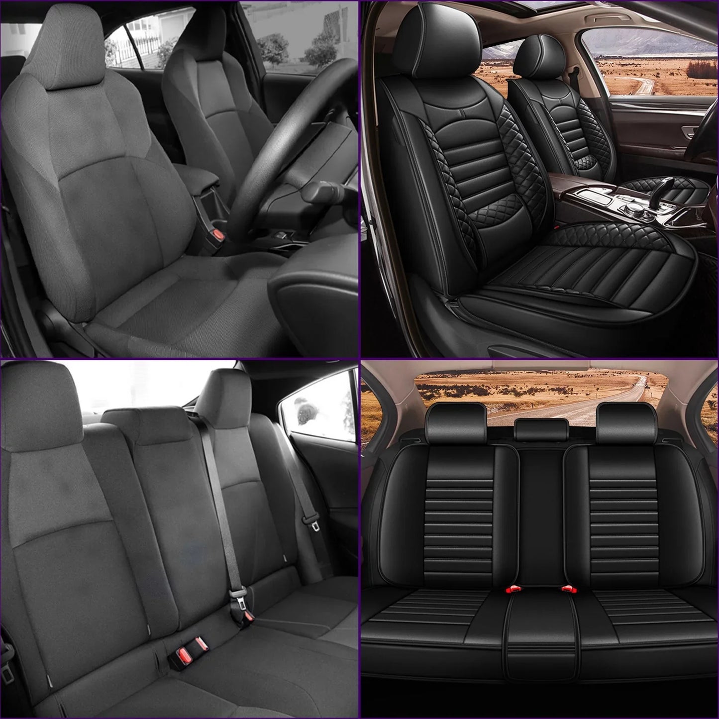 AOMSAZTO Car 5-Seat Covers Front & Rear Full Set Faux Leather Universal SUV Sedan Seat Cushion Protector Waterproof Black