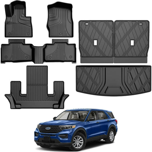 AOMSAZTO Floor Mats & Cargo Liner & Backrest Mat Compatible with 2020-2024 Ford Explorer 6 Seats Rear Trunk Set All Weather Floor Liner