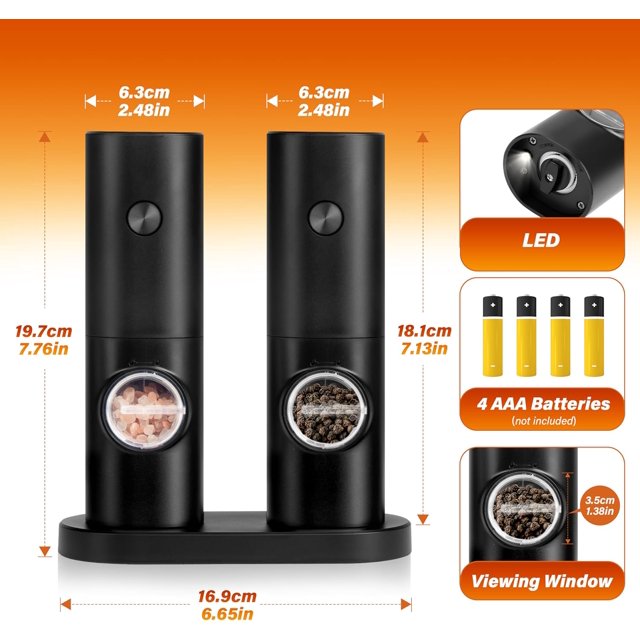 Salt and Pepper Grinder Set, Battery Powered with LED light, Adjustable Coarseness, Automatic Grinding for Kitchen, ABS Material, 2 Pack, Black