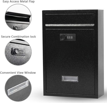 Wall Mounted Mailbox with Combination Lock, Steel Cover Metal MailBox, Dropbox with Slot, 9.2"x4.5"x11.6", Black