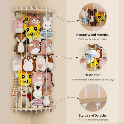 Wood Stuffed Animal Storage Corner Cage, Kids Stuffed Animals Holder with Lights Led Light & Adjustable Length, Nursery Wall Hanging Plush Toy Stuffed Animal Zoo Organizer for Kids Room Bedroom