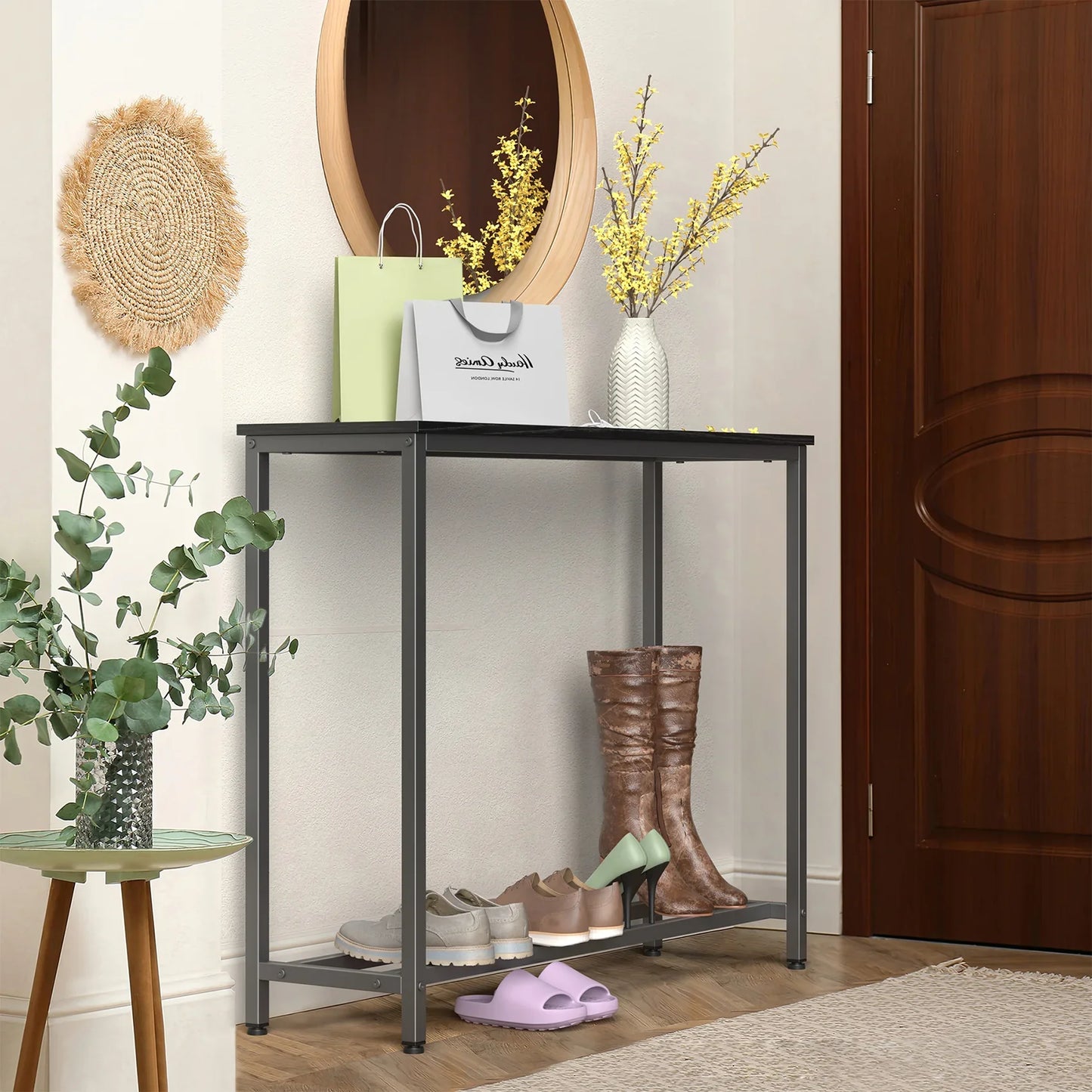 JOZ Industrial Narrow Console Table with Shelves, Black