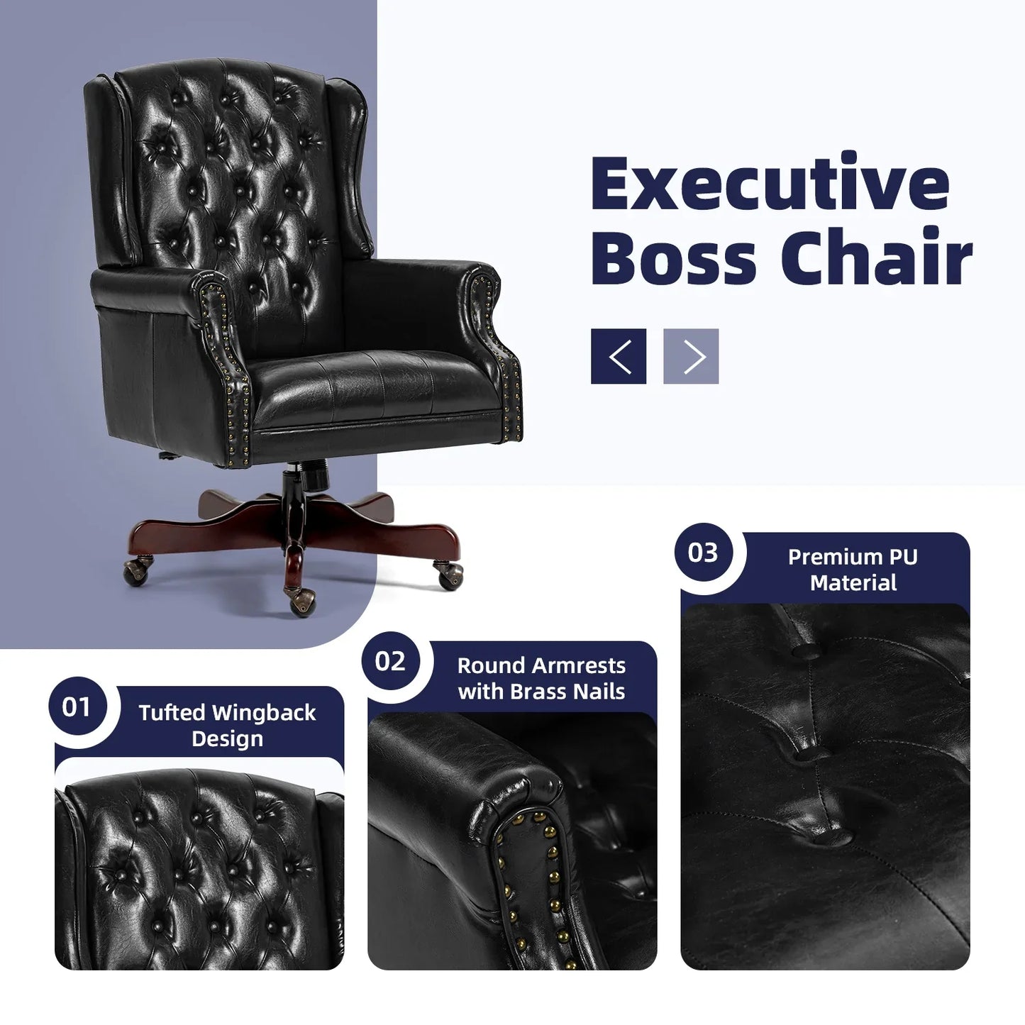 HOMHUM Classic Boss Chair Wingback Traditional Chair High Back Faux Leather Chair Ergonomic Executive Office Chair Swivel Desk Chair, Black