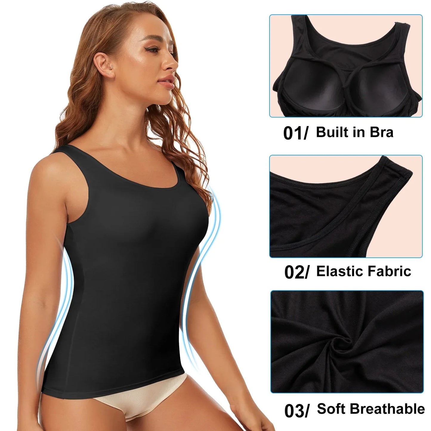 3 Pack Women's Camisole with Built in Bra Tank Tops for Layering Stretch Casual Undershirts Wider Strap