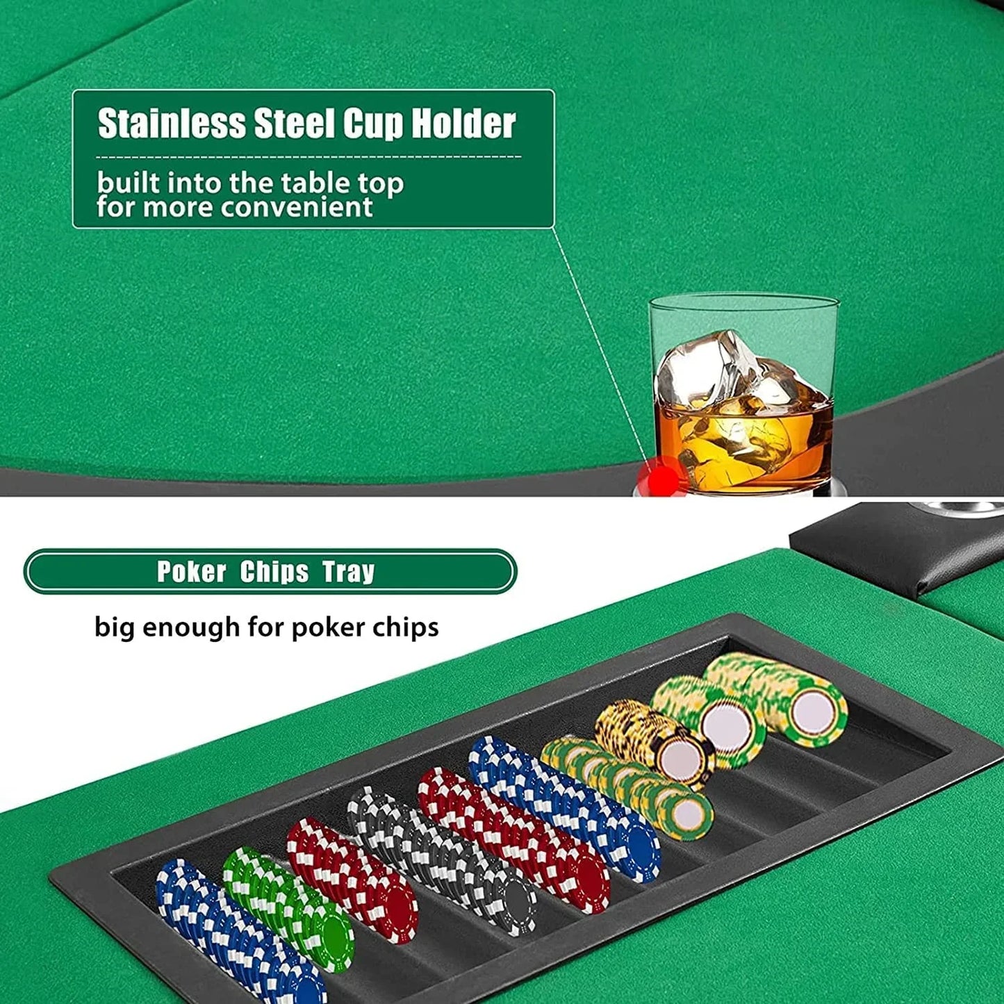 HOMHUM Game Poker Table w/Stainless Steel Cup Holder Casino Leisure Table for 9 Players, Green Felt