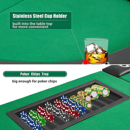 HOMHUM Game Poker Table w/Stainless Steel Cup Holder Casino Leisure Table for 9 Players, Green Felt