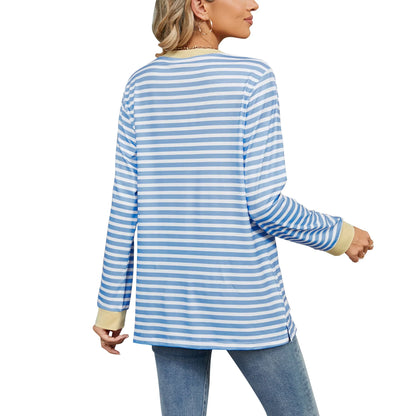 SHIBEVER women sweatshirt Striped Oversized top Long Sleeve Crewneck Hoodies Shirts 2024 Fall Pullover Top Trendy Preppy Clothes Blue white L