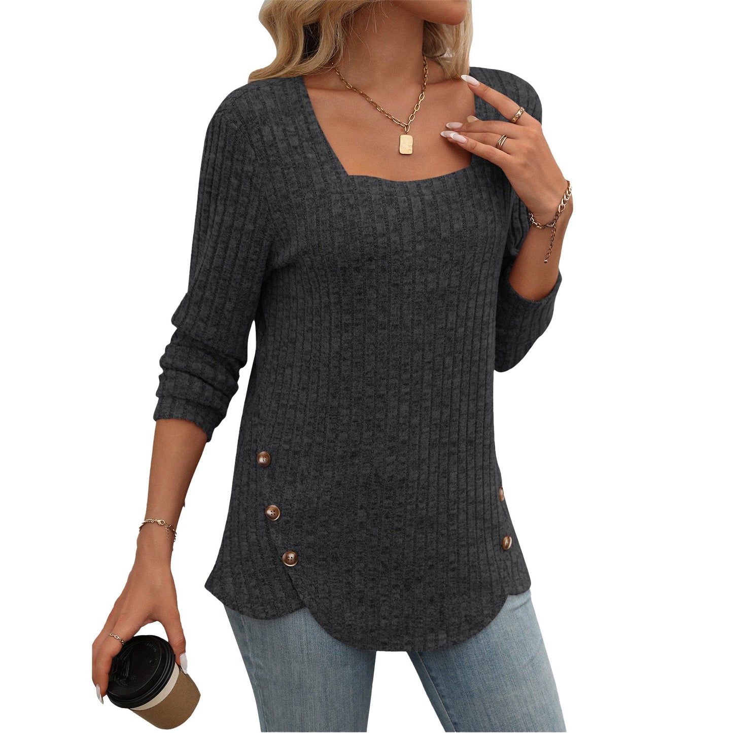 SHIBEVER Womens long sleeve sweater Ribbed slim fit knit Pullover Top Square Neck solid color fall Shirt for women black