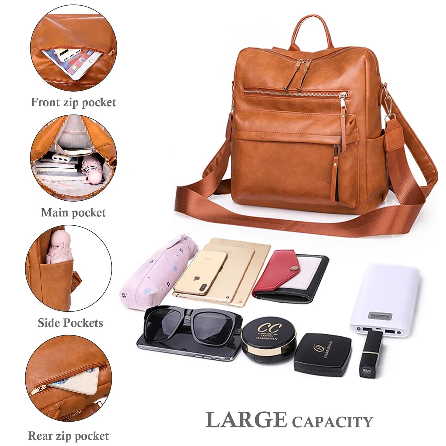 HONGLONG Backpack Purse for Women PU Leather Large Purse Book Bags Fashion Travel Backpack Shoulder Bags Brown