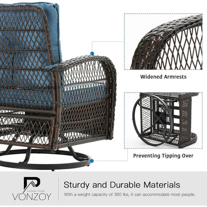 ELPOSUN 3 Pieces Patio Furniture Set, Outdoor Swivel Gliders Rocker, Wicker Patio Bistro Set with Rattan Rocking Chair, Glass Top Side Table and Thickened Cushions for Porch Deck Backyard