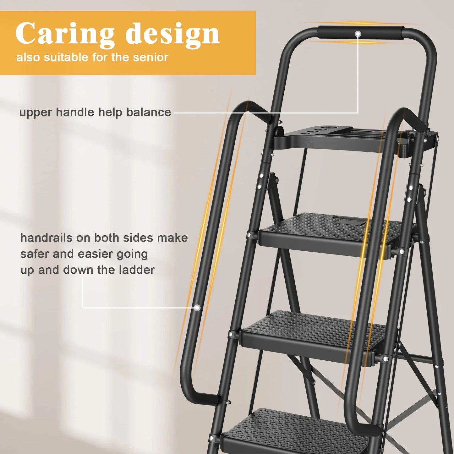 JOZ Portable Folding 5-Step Ladder with Handrails, Tool Tray, and Anti-Slip Pedal, 350lbs Capacity, Sturdy Metal Construction, Black