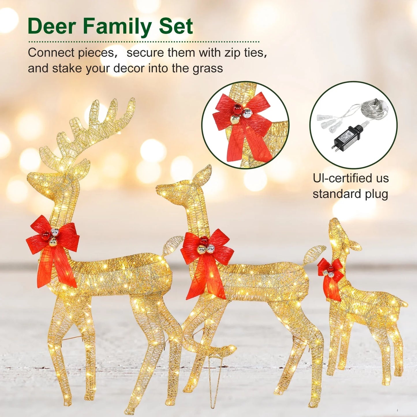 Ktaxon Lighted Christmas 3-Piece Deer Set Outdoor Yard Decoration Set LED Lights, Stakes - Gold