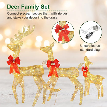 Ktaxon Lighted Christmas 3-Piece Deer Set Outdoor Yard Decoration Set LED Lights, Stakes - Gold