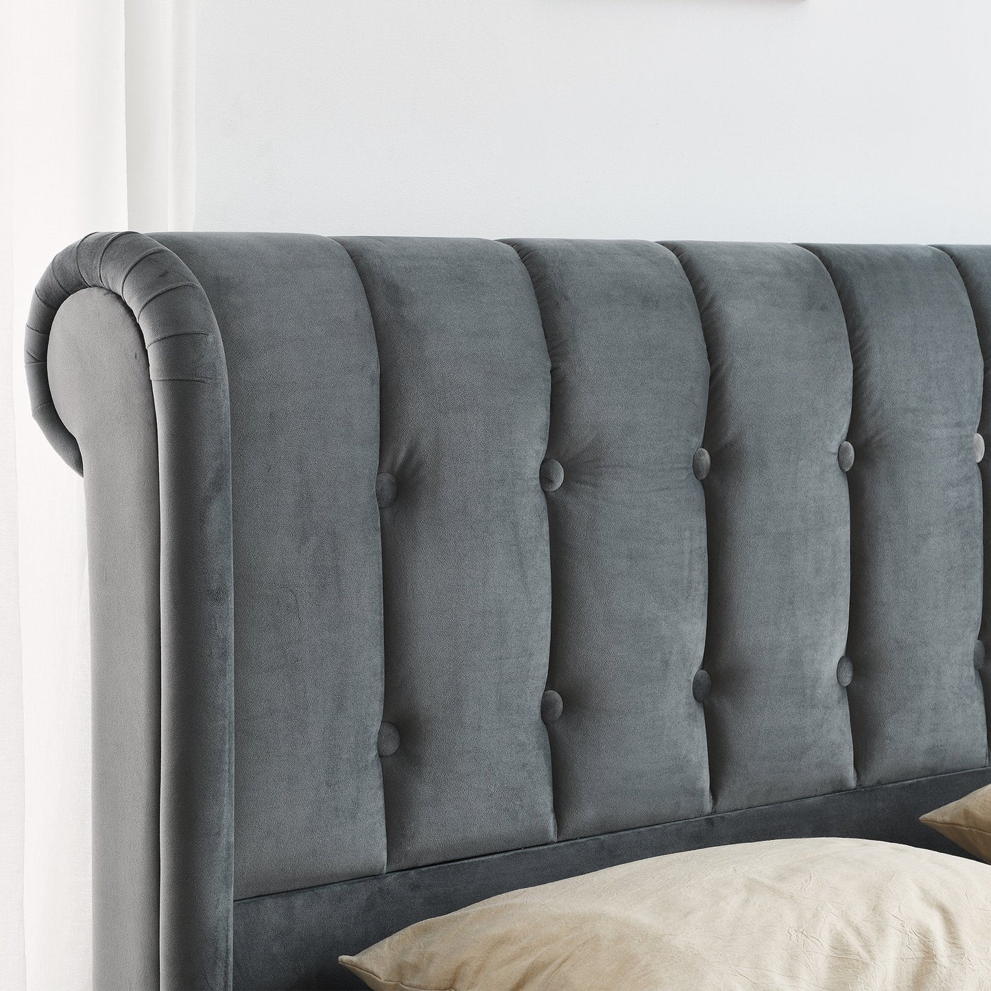 Queen size Regal Chesterfield-Style Tufted Sleigh Bed with Textured Upholstery and Dark Wood-Effect Feet - No Box Spring Required ,Grey