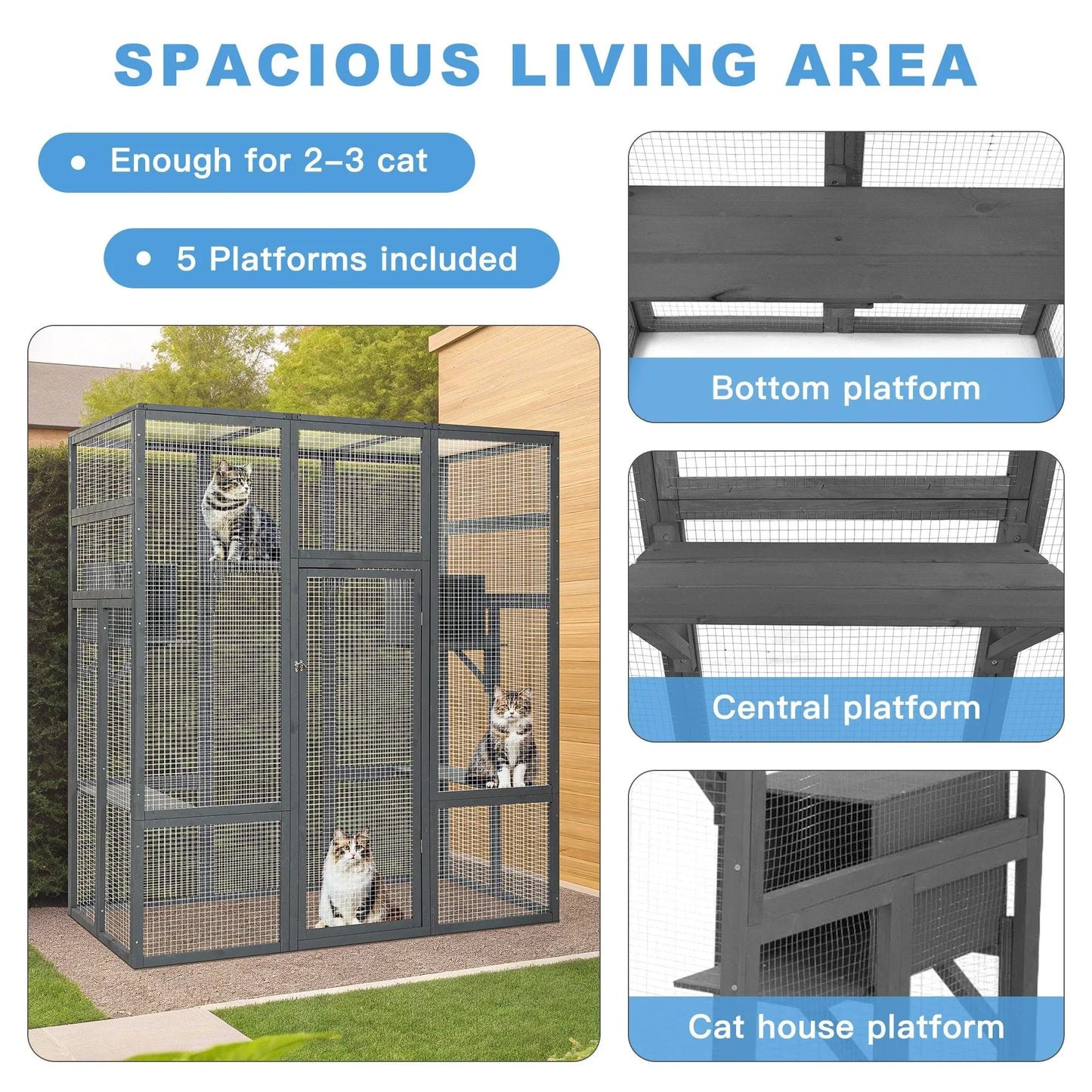 Pefilos 70" Outdoor Cat House for Large Cats, Enclosure Wood Cat Cage with Platforms and Small House, Kitty Catio Condo Playpen, Gray