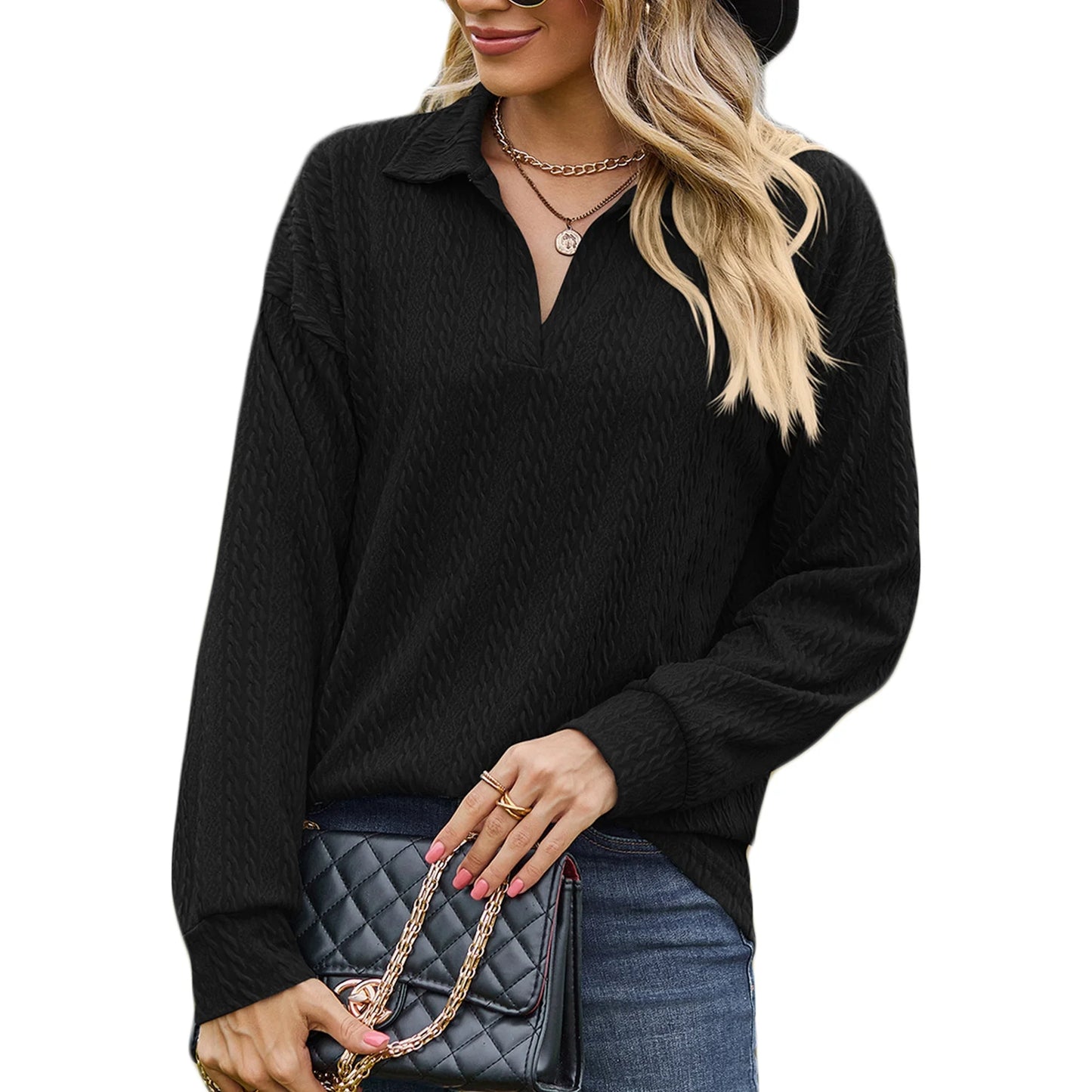 SHIBEVER Womens Fall Tops V Neck Long Sleeve Shirts Casual Tunic Tops Henley T shirts Lapel Collar Blouses Loose Fit Fashion Pullover Solid Color Black Size XL