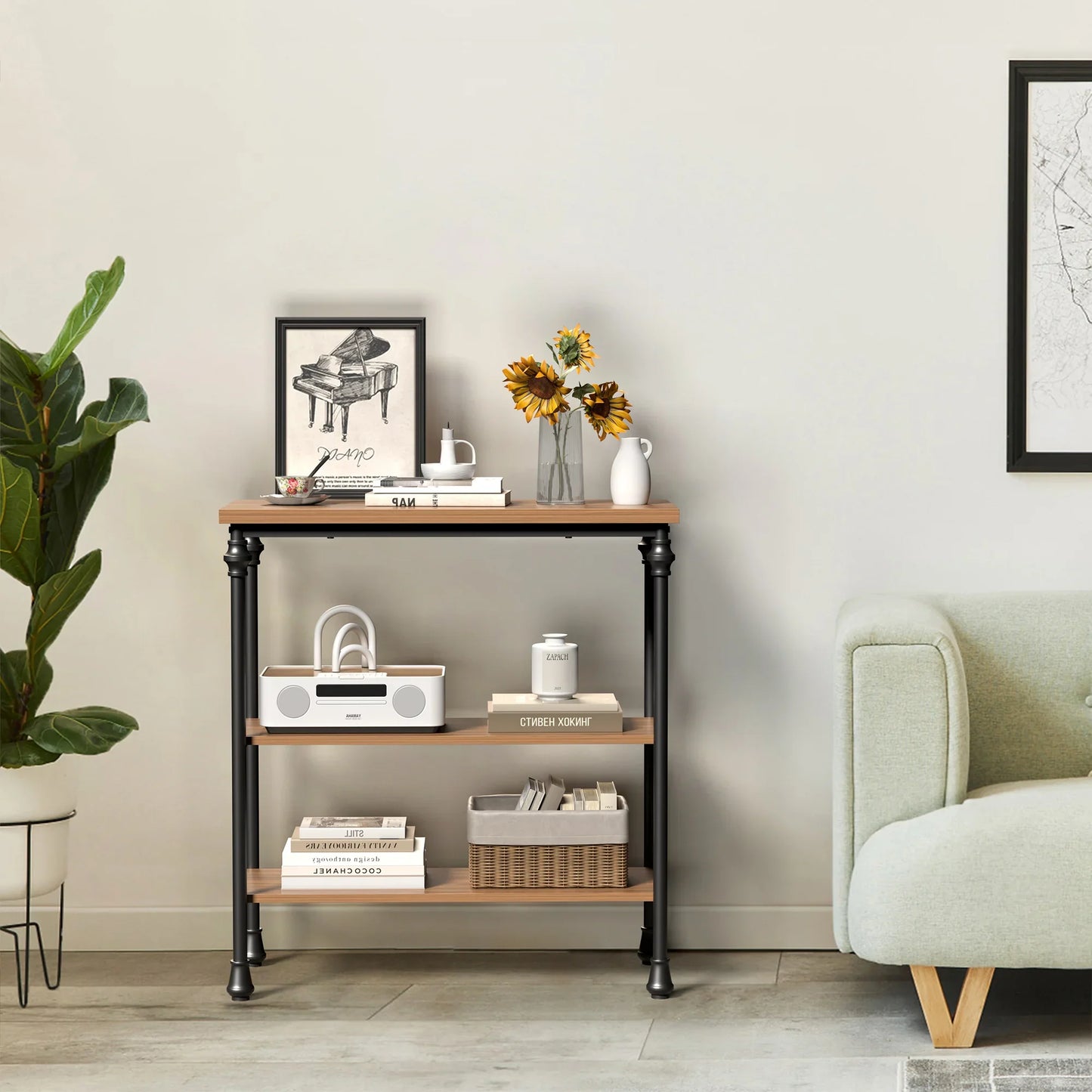 JOZ Industrial Console Table: Rustic Wood Sofa Table with 3-Tier Shelves for Entryway and Living Room