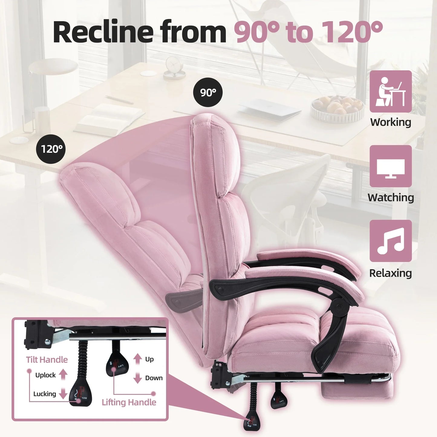 HOMHUM Velvet Executive Chair, Ergonomic Office Chair with Footrest, Plush and Comfy Reclining Desk Chair, Pink