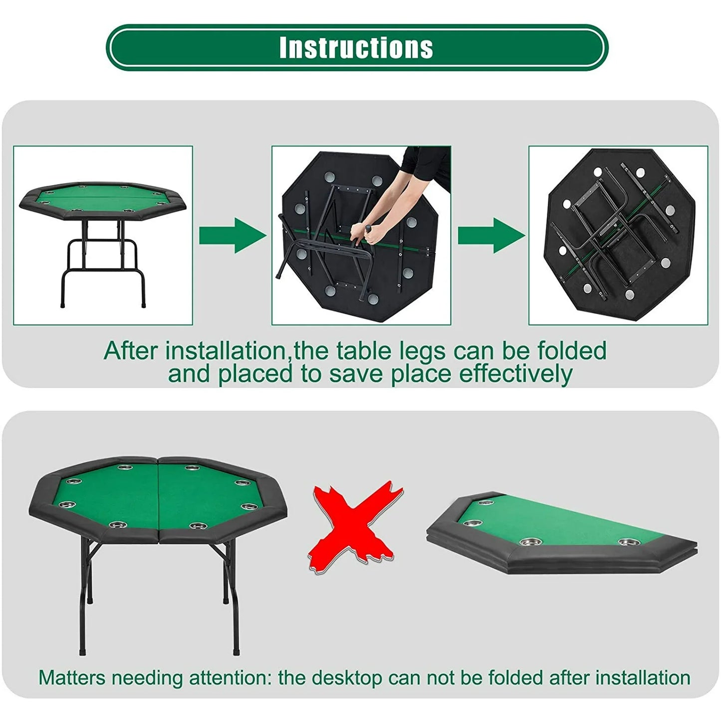 HOMHUM Game Poker Table w/Stainless Steel Cup Holder Casino Leisure Table for 8 Players, Green Felt