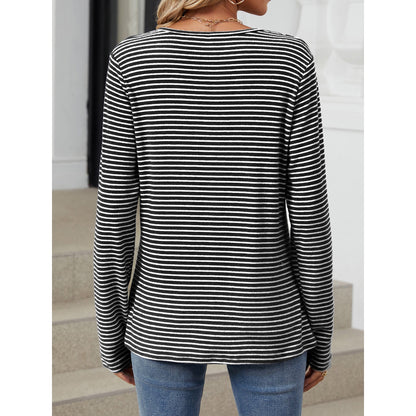 SHIBEVER Women Tops Long Sleeve Stripe Round Neck Shirts Trendy Button Down Color Block Tunic Tops Loose Fit Sweatshirts for Women