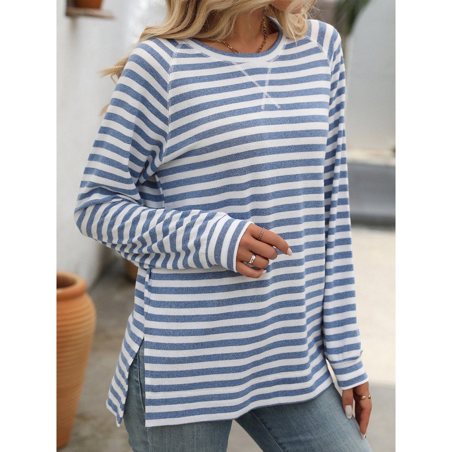 SHIBEVER Women Long Sleeve T Shirts Stripe Tunic Tops Crewneck Side Slit Sweatshirts Color Block Loose Shirts for Women