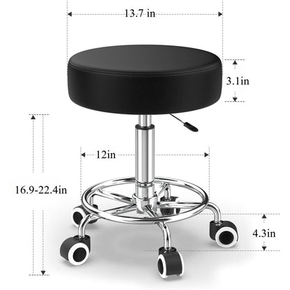 OUTMASTER Rolling Stool with Footrest PU Leather Height Adjustable for Home Salon Shop (Black)