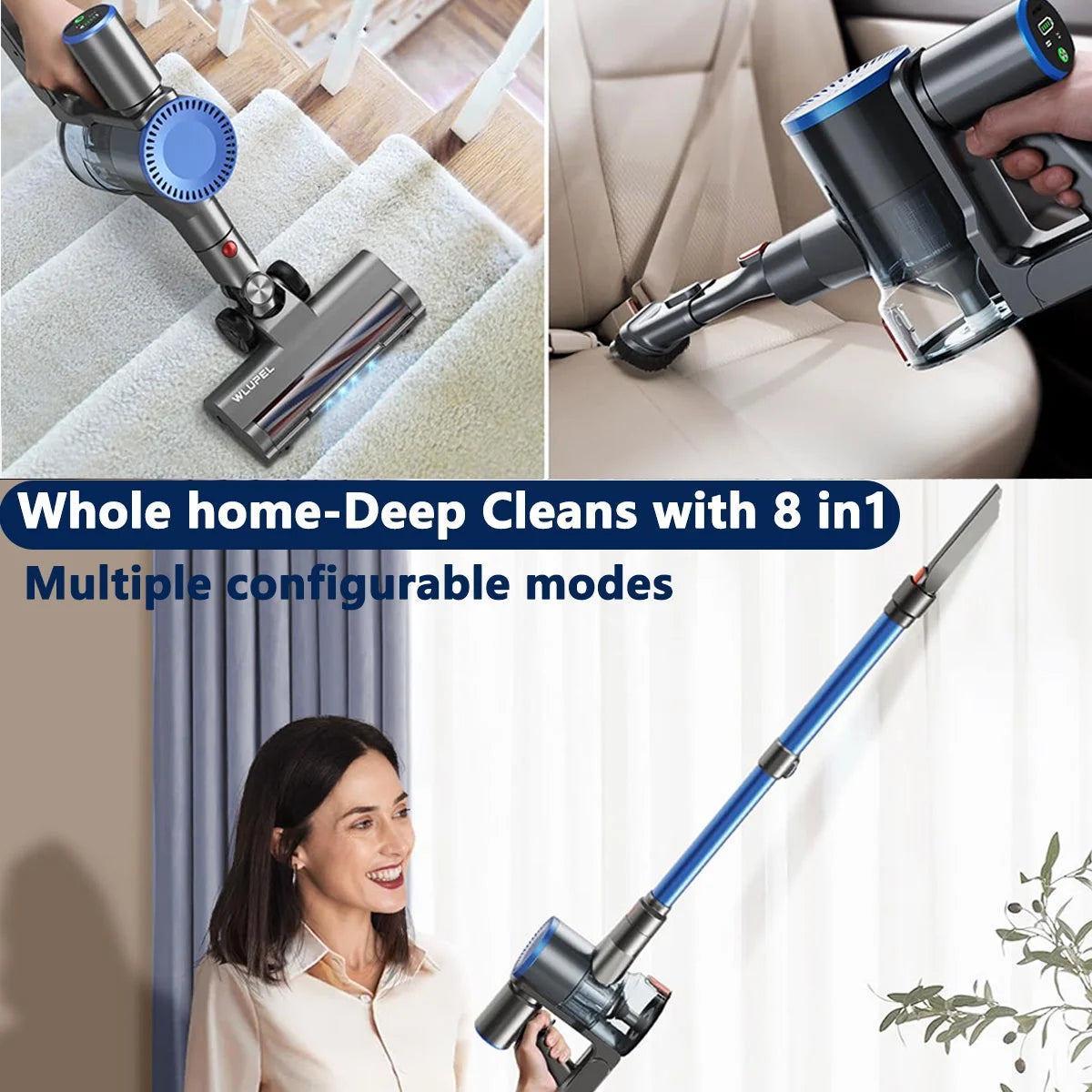 WLUPEL Cordless Vacuum,45mins Cordless Stick Vacuum with IQ Display Lightweight Vacuum for Hardwood Floor Carpet Pet Hair Home Rechargeable