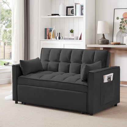 3 in 1 Sleeper ,55" Modern Velvet Convertible Pull Out Bed, Loveseat with 2 Toss Pillows and Adjustable Backrest for ,Black