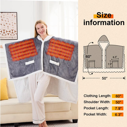 Wearable Heated Throw Blanket, Electric Heated Wrap Poncho Shawl with Pockets, 6 Heating Levels & 2 to 10 Hours Time Settings, 50 x 60 Inch