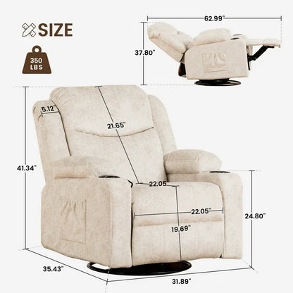 COMHOMA Swivel Rocker Recliner Chair with Heat and Massage, 31.89" Wide Rocking Sofa Home Recliner for Living Room Home Theater Office, Cream White