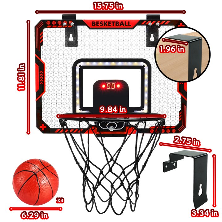 JUGAAD LIFE Basketball Hoop for Kids, Indoor Over the Door Mini Basketball Hoops with LED Lighting and Sounds, Electronic Scoreboard and 3 Balls, Basketball Toys Gifts for Boys Girls-Red