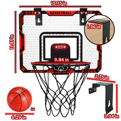 JUGAAD LIFE Basketball Hoop for Kids, Indoor Over the Door Mini Basketball Hoops with LED Lighting and Sounds, Electronic Scoreboard and 3 Balls, Basketball Toys Gifts for Boys Girls-Red