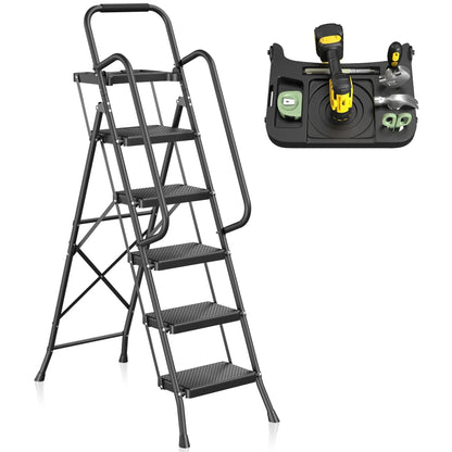 JOZ Portable Folding 5-Step Ladder with Handrails, Tool Tray, and Anti-Slip Pedal, 350lbs Capacity, Sturdy Metal Construction, Black