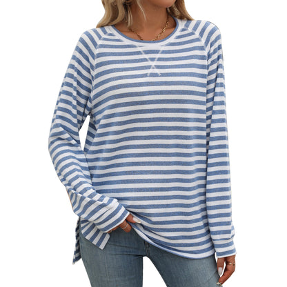 SHIBEVER Women Long Sleeve T Shirts Stripe Tunic Tops Crewneck Side Slit Sweatshirts Color Block Loose Shirts for Women