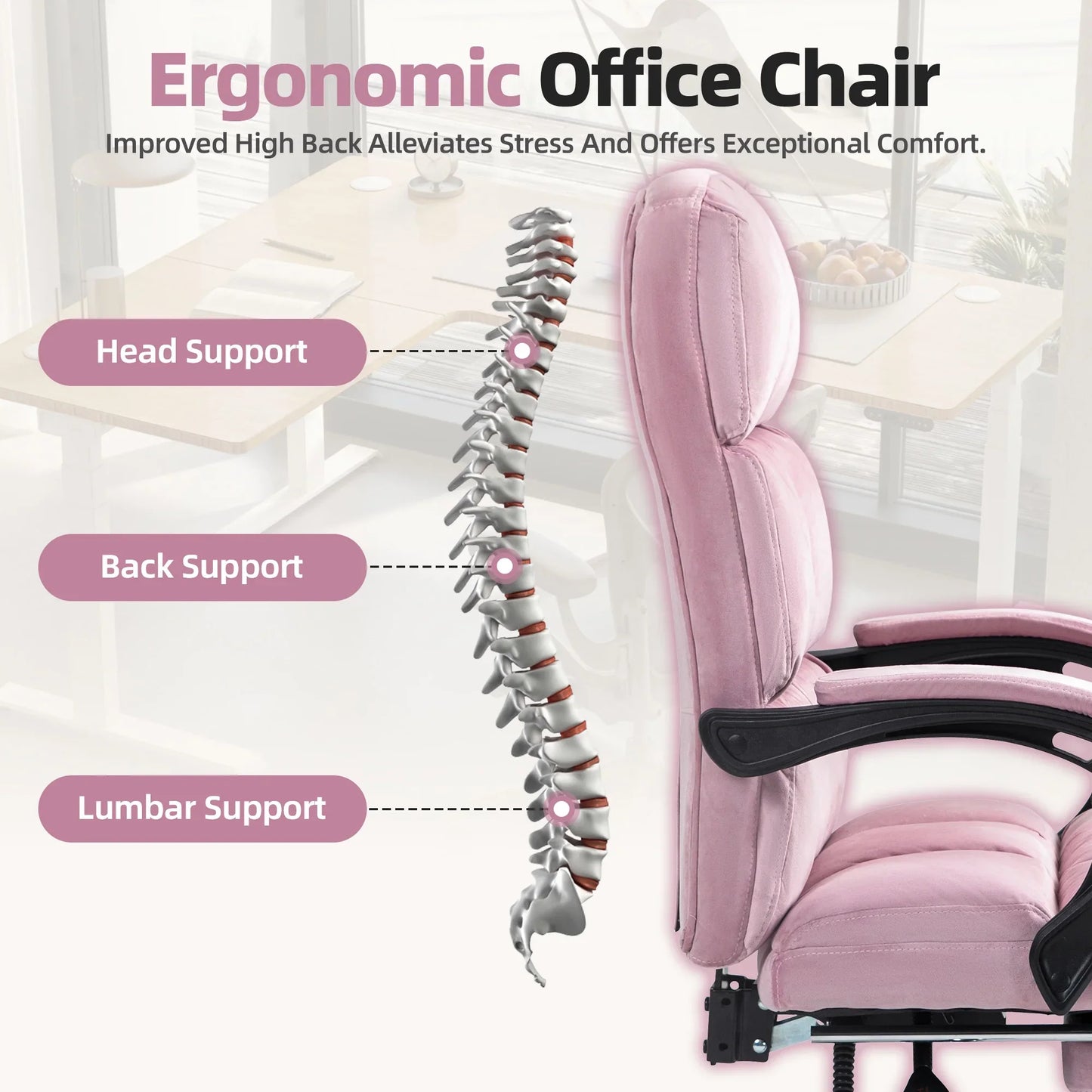 HOMHUM Velvet Executive Chair, Ergonomic Office Chair with Footrest, Plush and Comfy Reclining Desk Chair, Pink