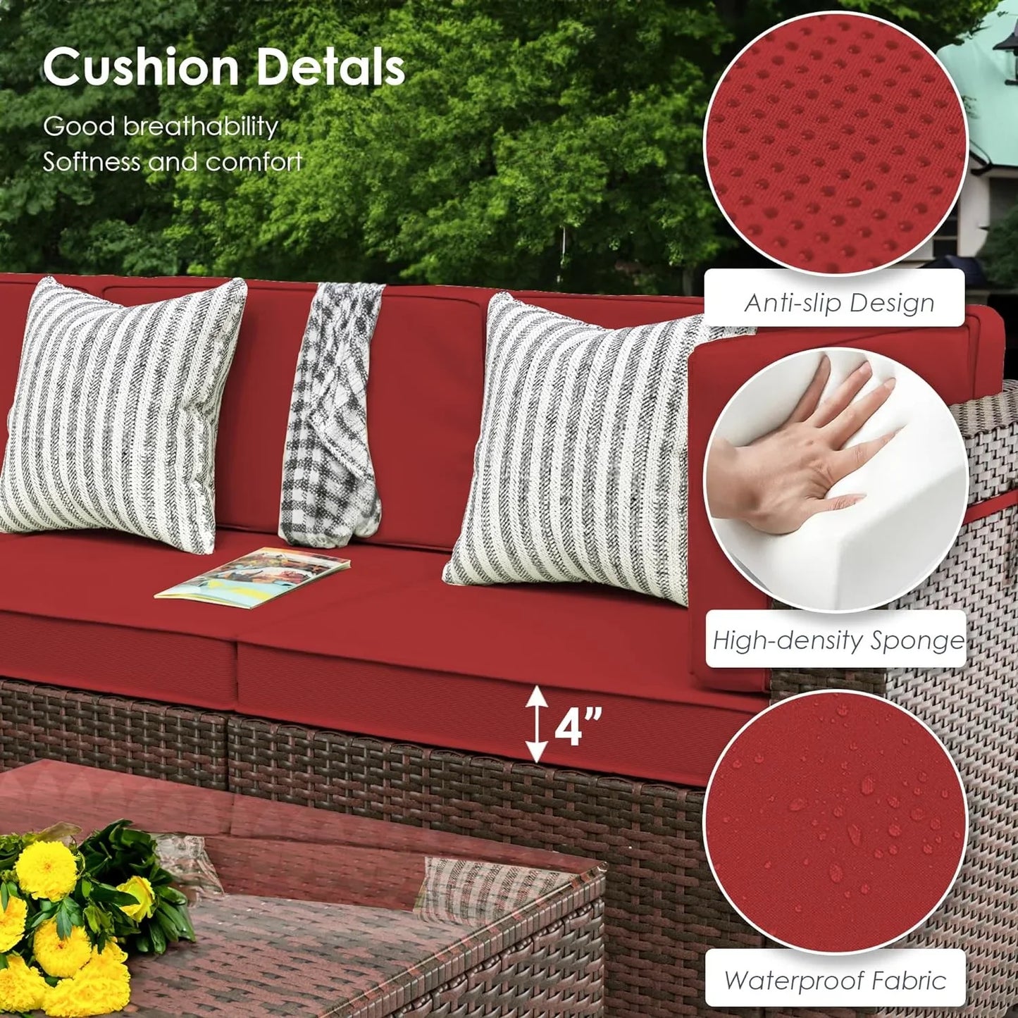 ELPOSUN 7 Pieces Patio Furniture Set All Weather Outdoor Sectional Sofa, Outdoor Modern Sectional Furniture Wicker Couch with Glass Coffee Table, Thicken Khaki Anti-Slip Cushions, Waterproof Cover