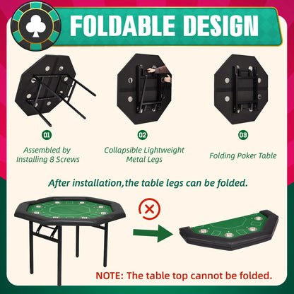 HOMHUM 8-Player Poker Table Foldable, Casino Leisure Gaming Table w/Padded Rails & Stainless Steel Cup Holders, Folding Octagon Texas Holdem Poker Table, Green