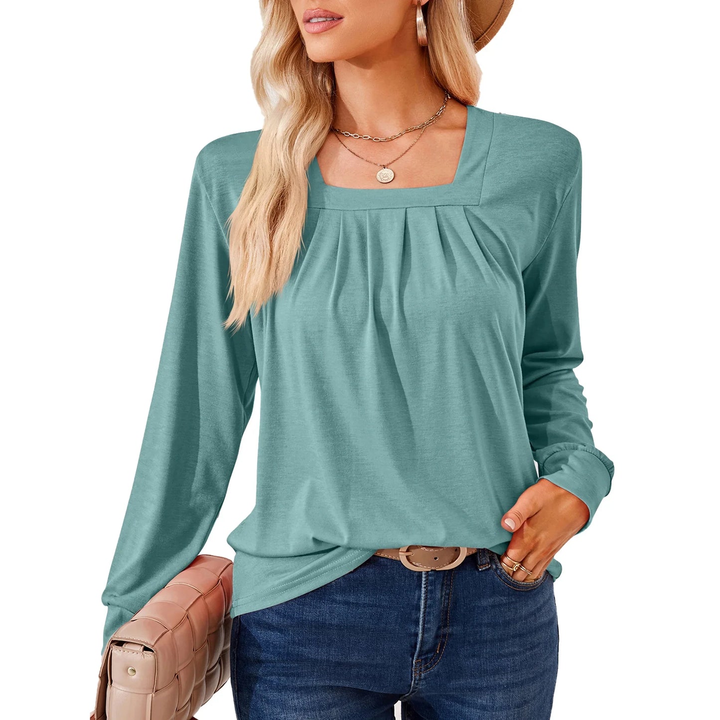 SHIBEVER Women's Long Sleeve Tops Casual Pleated Blouse Loose Fit Square Neck Tunics Trendy Solid Color Green Size XL