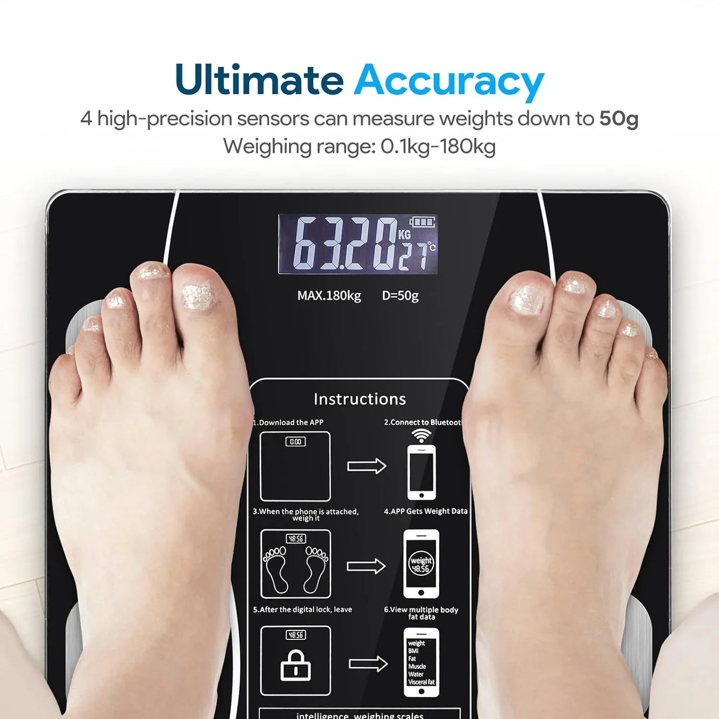 Smart Scale for Body Weight, Digital Bathroom Scale BMI Weighing Bluetooth Body Fat Scale with Led Display, Bathroom Scale with Smartphone App