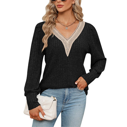 SHIBEVER Womens Tops sweatershirt Long Sleeve V Neck Fall knitwear Eyelet Business Casual 2024 Blouses Smocked Puff clothes BLACK