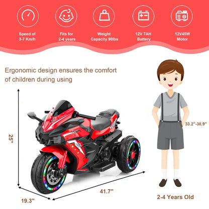 HONGLONG 12V Ride on Motorcycle for Kids,3 Wheels Motorcycle Toys with LED Lights Music Red,Child