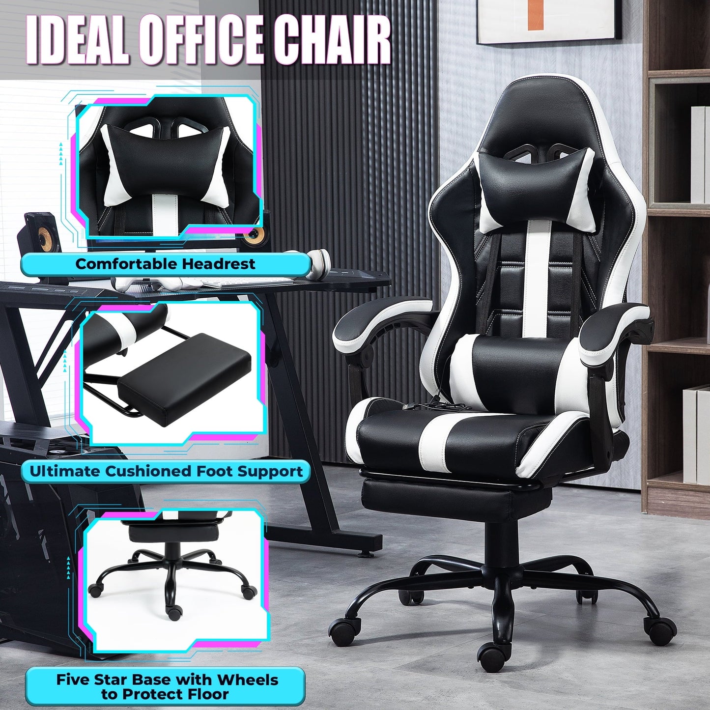 HOMHUM Gaming Chair, PU Leather Office Chair w/ Footrest and Massage Lumbar Support, Ergonomic Computer Chair w/ Headrest, 360° Swivel Desk Chair, White