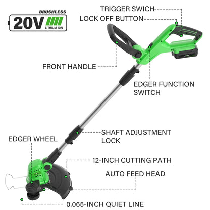 SOYUS String Trimmer, Battery Powered Lightweight Weed Grass Trimmer/Edger, Green